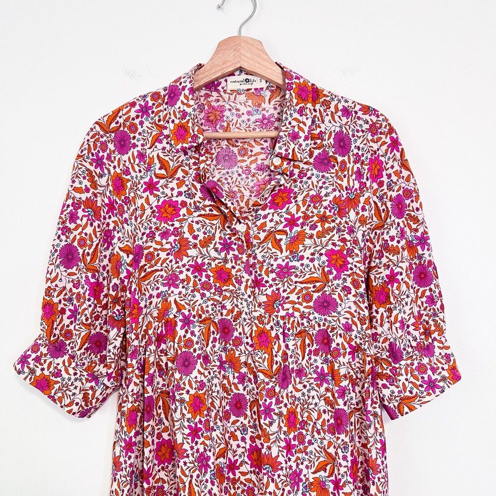 Natural Life Becca Dress Small Pink Floral Pockets NWOT Boho Tiered Cottage - Picture 4 of 11